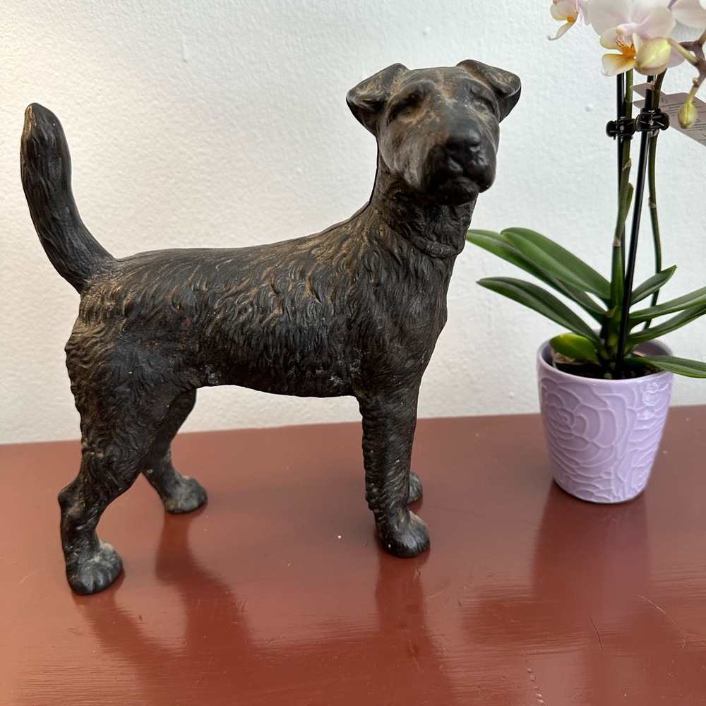 Door stopper , painted cast iron dog, black , Heavy . Antique